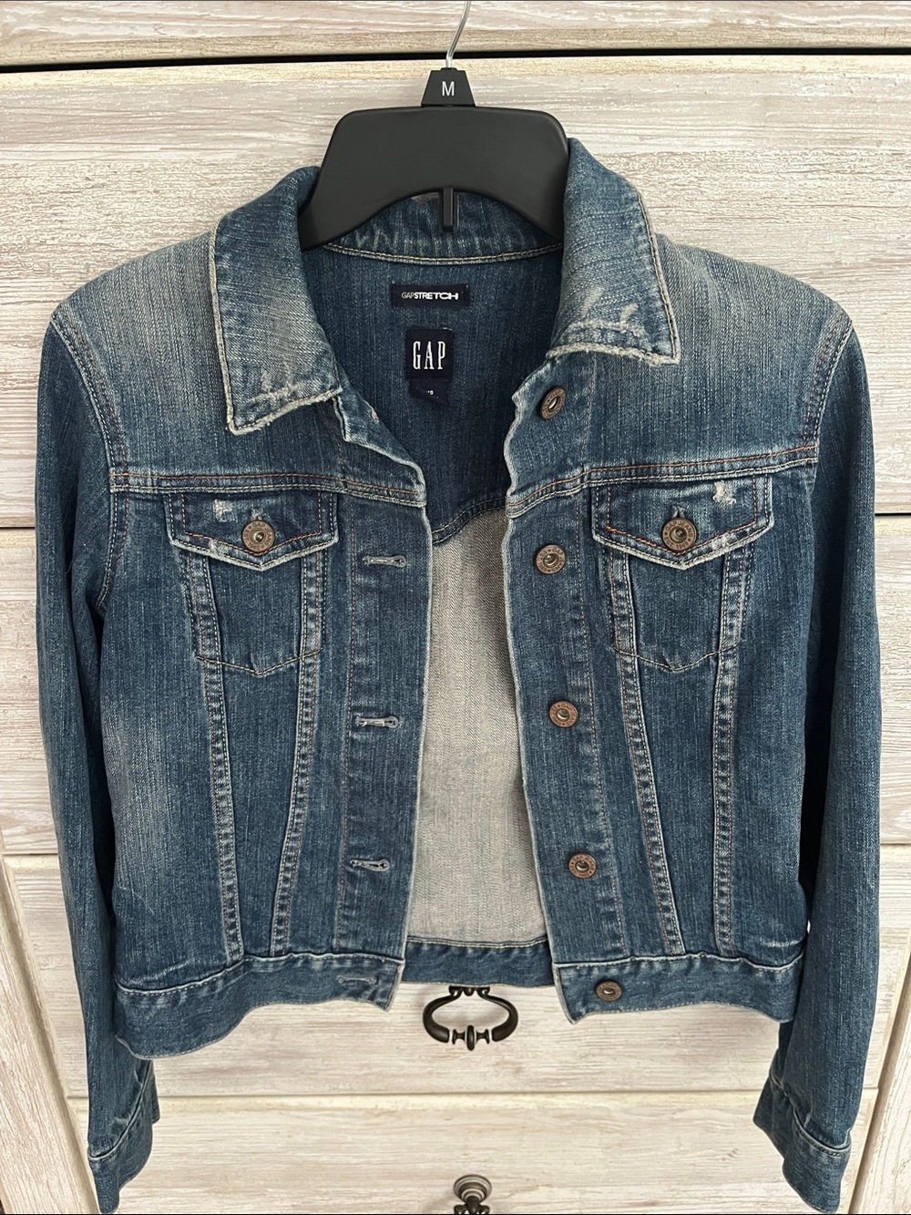 GAP Women's Distressed Medium Blue Denim Jacket